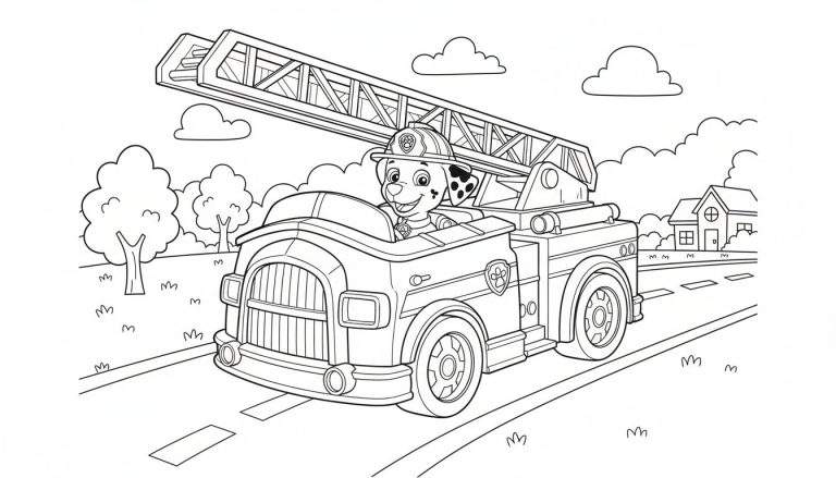 Zwart-wit kleurplaat van Marshall van Paw Patrol, een lachende dalmatiër in zijn brandweerwagen met ladder, rijdend op een weg met bomen, huizen en wolken op de achtergrond.