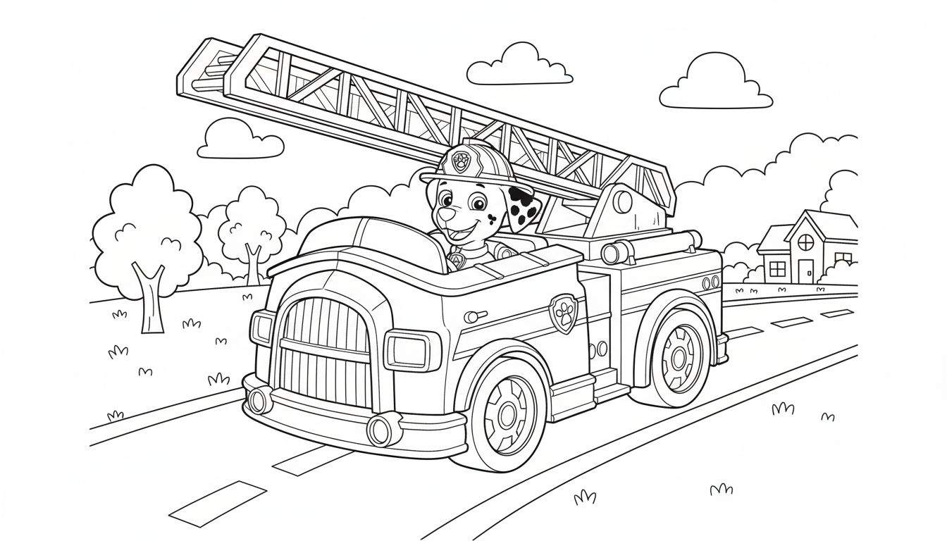 Zwart-wit kleurplaat van Marshall van Paw Patrol, een lachende dalmatiër in zijn brandweerwagen met ladder, rijdend op een weg met bomen, huizen en wolken op de achtergrond.