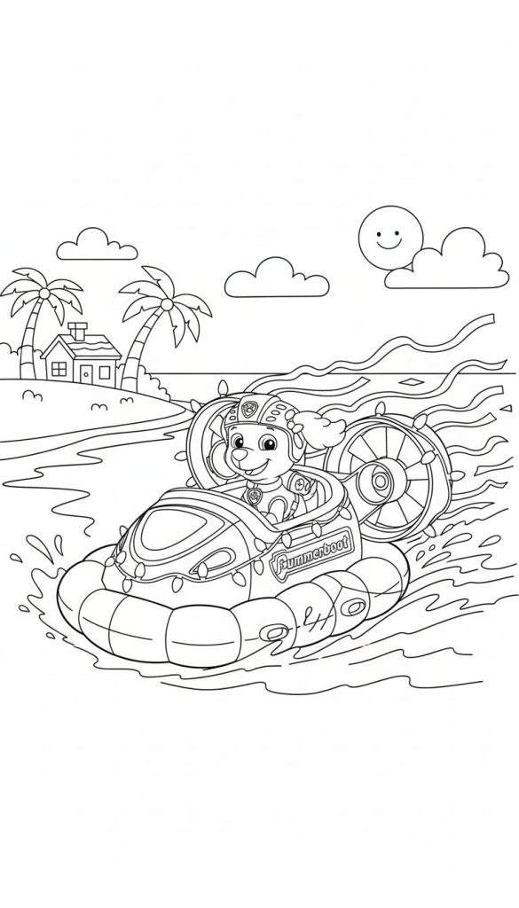 Zwart-wit kleurplaat van Paw Patrol's Zuma in een speedboot/hovercraft genaamd 'Summerboat', scheurend over water met palmbomen, een huisje en een lachende zon op de achtergrond.