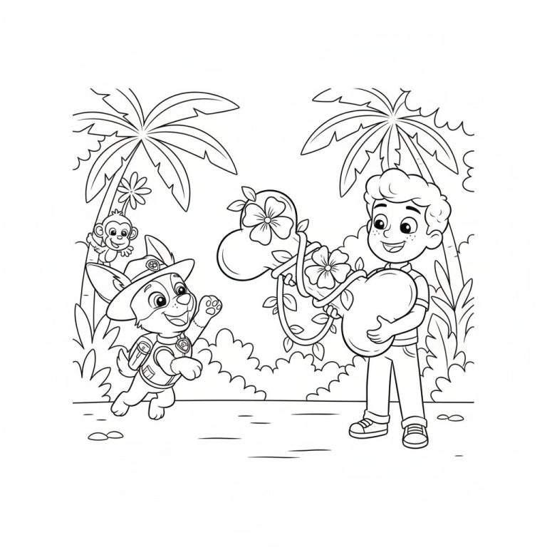 Zwart-wit kleurplaat van een lachende jongen die een hartvormige liaan vasthoudt, een rennende hond met hoedje en rugzakje, en een aapje in een palmboom in een jungleomgeving.