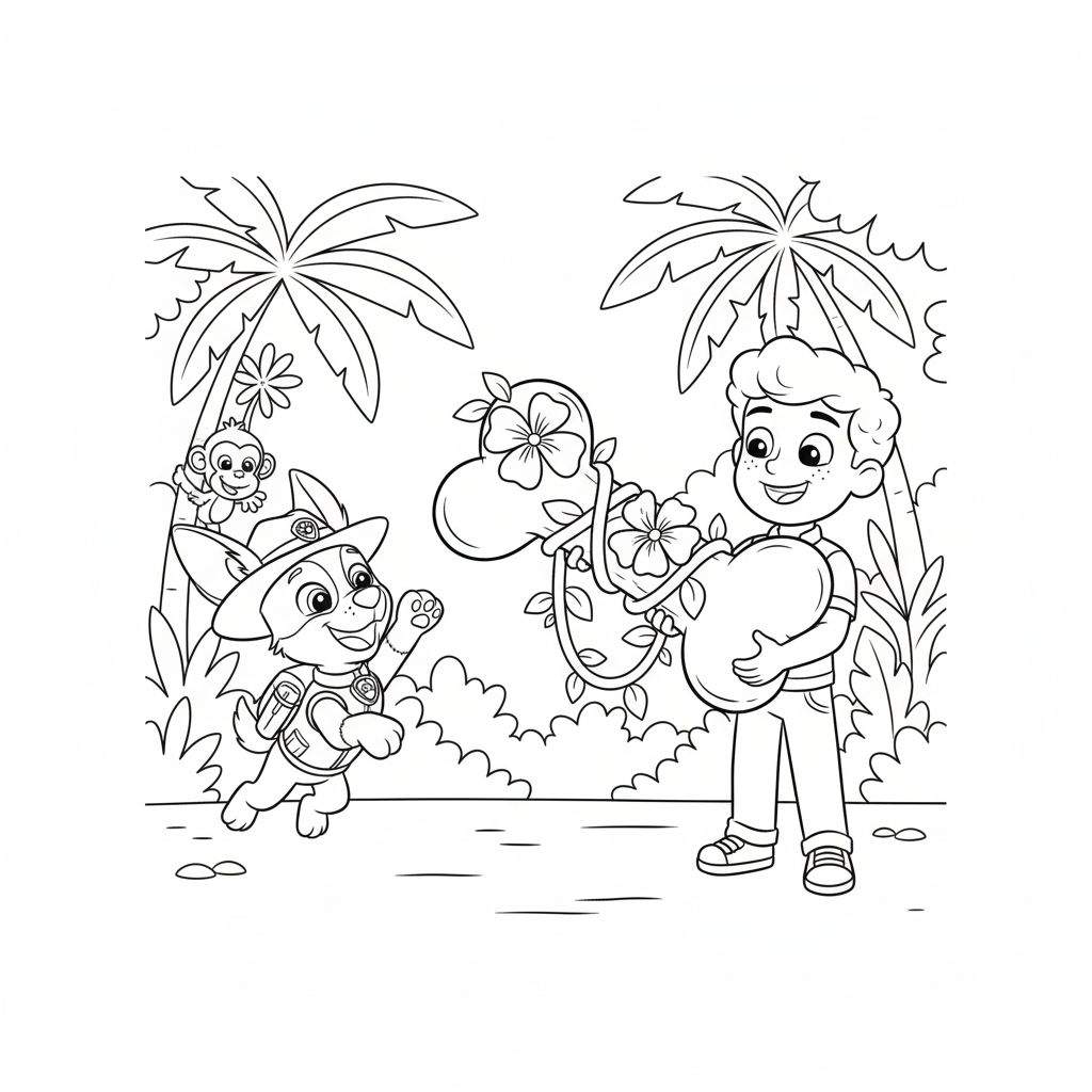 Zwart-wit kleurplaat van een lachende jongen die een hartvormige liaan vasthoudt, een rennende hond met hoedje en rugzakje, en een aapje in een palmboom in een jungleomgeving.