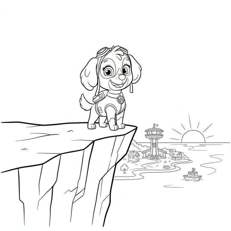Zwart-wit kleurplaat van Skye van Paw Patrol met pilotenbril en uniform, lachend op een klif. Op de achtergrond een kustlandschap met een Paw Patrol uitkijktoren, huisjes, een bootje en een zonsopgang of zonsondergang boven zee.