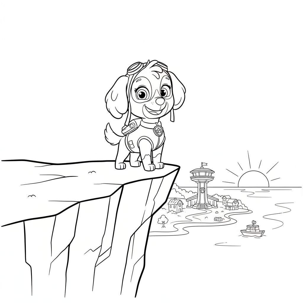 Zwart-wit kleurplaat van Skye van Paw Patrol met pilotenbril en uniform, lachend op een klif. Op de achtergrond een kustlandschap met een Paw Patrol uitkijktoren, huisjes, een bootje en een zonsopgang of zonsondergang boven zee.