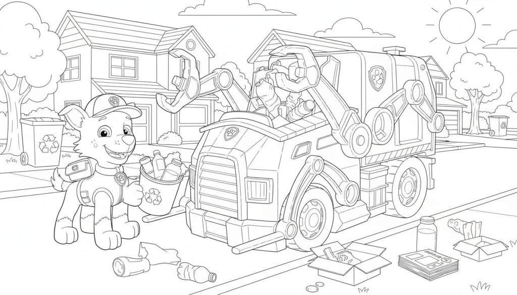 Kleurplaat van Rocky van Paw Patrol met recyclingemmer en truck, die afval sorteert in een woonwijk.