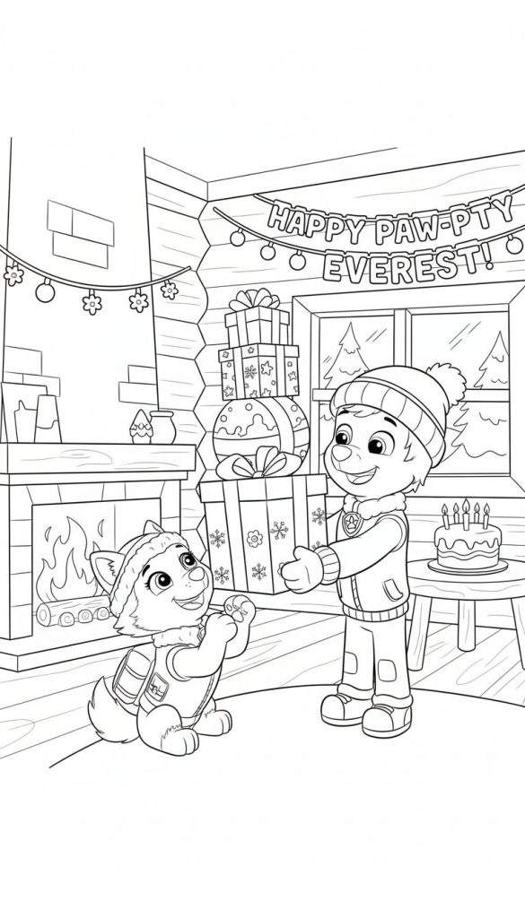 Zwart-wit Paw Patrol kleurplaat van Everest's verjaardag. Een pup geeft Everest een cadeau in een versierde winterse kamer met open haard, taart met kaarsjes, slingers en cadeaus.