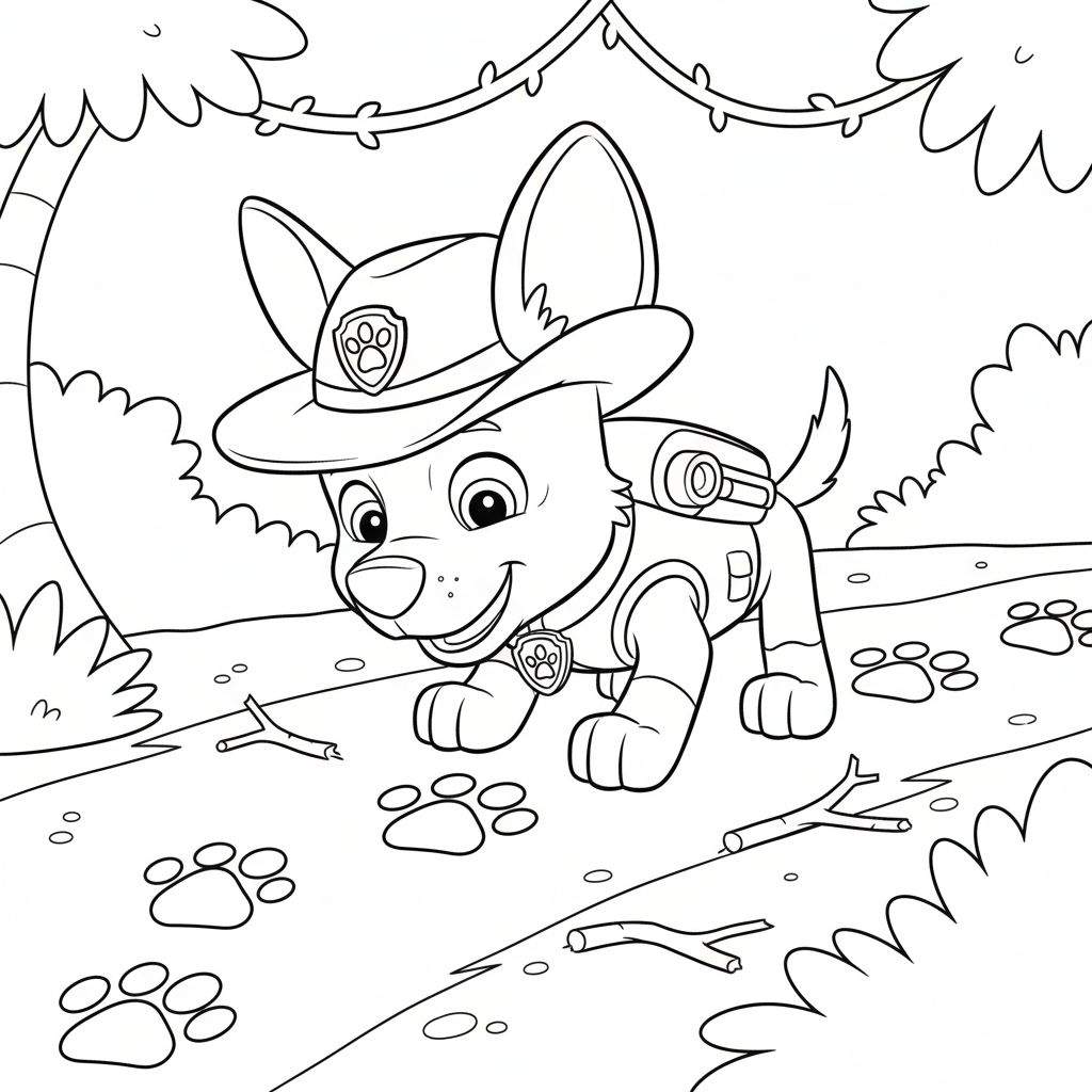 Zwart-wit kleurplaat van de avontuurlijke puppy Tracker met een hoed, rugzak en halsband, lopend op een bospad vol pootafdrukken en takjes, omringd door bosvegetatie.