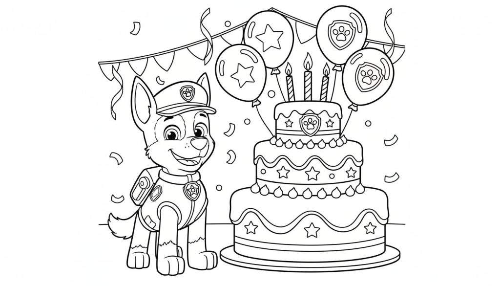 Kleurplaat van Paw Patrol hond Chase in politie-uniform, lachend naast een drielaagse verjaardagstaart met vier kaarsjes, versierd met Paw Patrol-emblemen, sterren en ballonnen. De afbeelding bevat ook een vlaggenlijn en confetti.