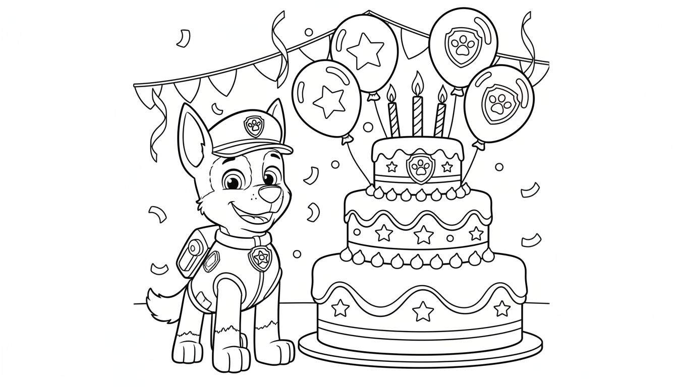 Kleurplaat van Paw Patrol hond Chase in politie-uniform, lachend naast een drielaagse verjaardagstaart met vier kaarsjes, versierd met Paw Patrol-emblemen, sterren en ballonnen. De afbeelding bevat ook een vlaggenlijn en confetti.