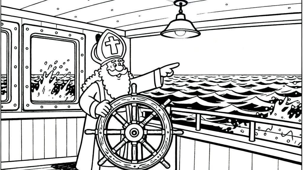 Zwart-wit kleurplaat van Sinterklaas aan het stuurwiel van een schip op een woeste zee. Sinterklaas lacht, draagt zijn mijter en wijst. Water spat op tegen de patrijspoort.