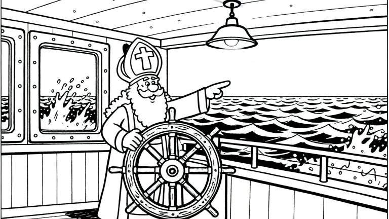 Zwart-wit kleurplaat van Sinterklaas aan het stuurwiel van een schip op een woeste zee. Sinterklaas lacht, draagt zijn mijter en wijst. Water spat op tegen de patrijspoort.