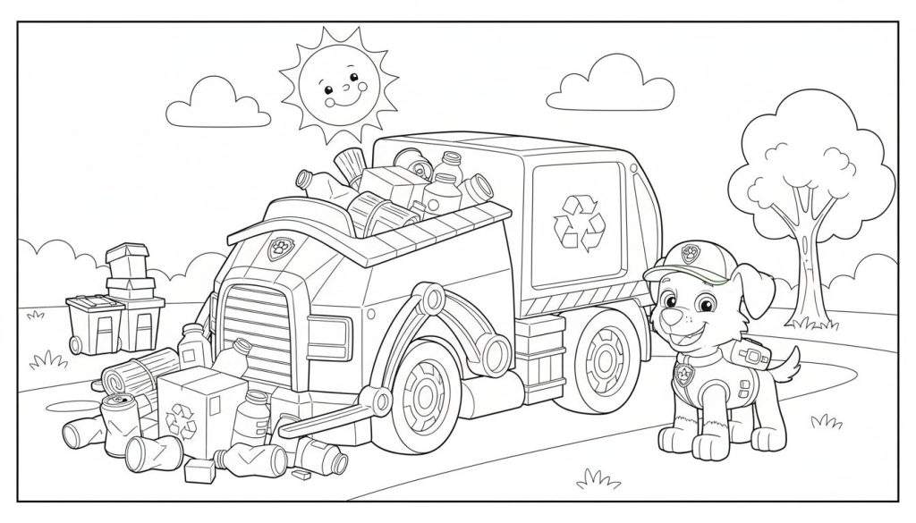Kleurplaat van Rocky van Paw Patrol in zijn recycling-uniform, lachend naast een grote vuilniswagen vol met recyclebaar afval zoals plastic flessen en blikjes. Op de grond liggen ook recyclebare materialen. De achtergrond toont afvalbakken, een kale boom en een lachende zon.