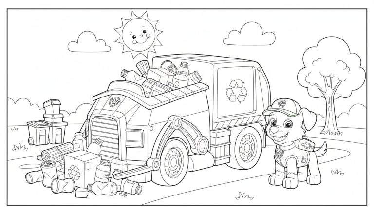 Kleurplaat van Rocky van Paw Patrol in zijn recycling-uniform, lachend naast een grote vuilniswagen vol met recyclebaar afval zoals plastic flessen en blikjes. Op de grond liggen ook recyclebare materialen. De achtergrond toont afvalbakken, een kale boom en een lachende zon.