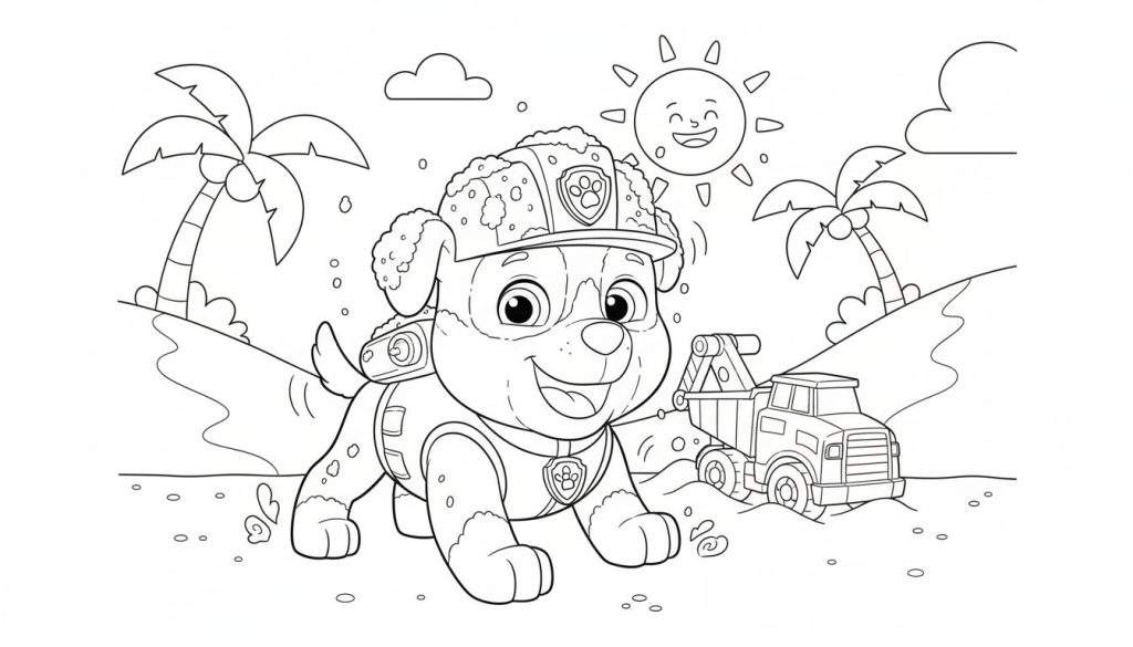 Kleurplaat van Rubble van Paw Patrol, vrolijk staand in een zanderige omgeving met zijn kiepwagen, twee palmbomen en een lachende zon in de lucht.