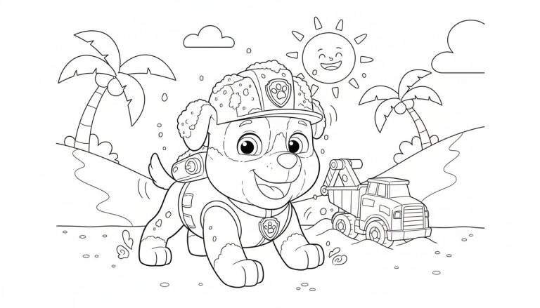 Kleurplaat van Rubble van Paw Patrol, vrolijk staand in een zanderige omgeving met zijn kiepwagen, twee palmbomen en een lachende zon in de lucht.