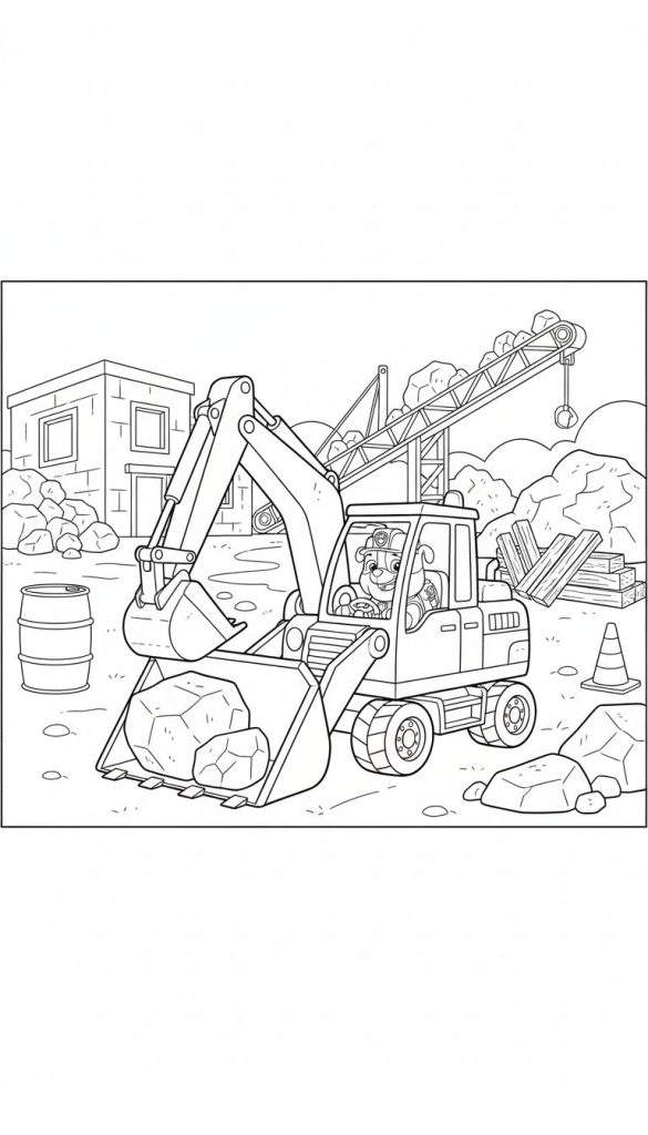 Zwart-witte kleurplaat van Rubble, de Paw Patrol hond, die lachend een wiellader met stenen bestuurt op een drukke bouwplaats.