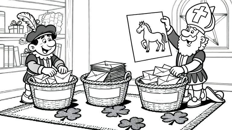 Kleurplaat van Sinterklaas die lachend een paardentekening toont, terwijl een knielende Piet verlanglijstjes sorteert in rieten manden, omringd door boeken, cadeaus, een sterraam en een kleed met klavertjes.