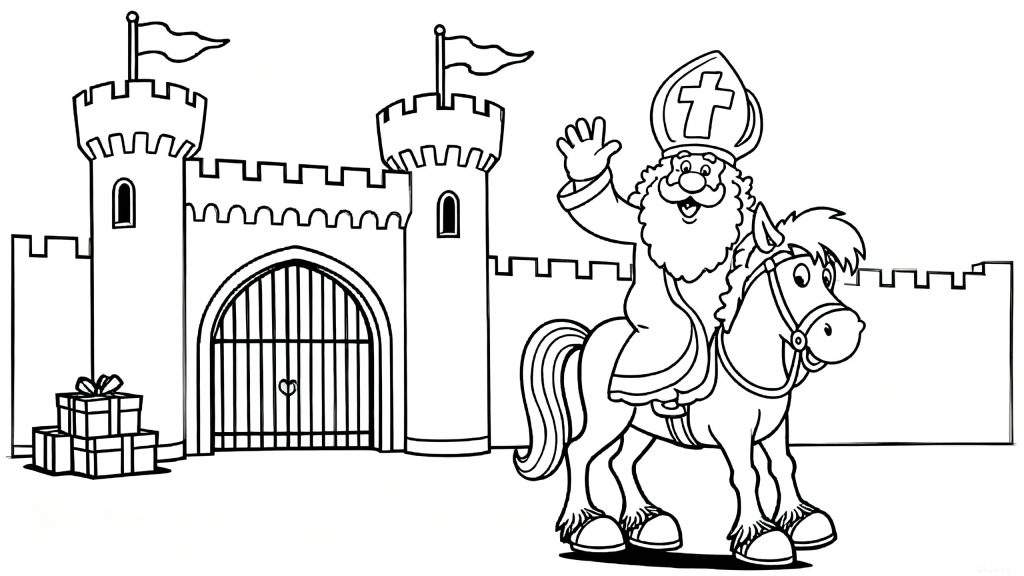 Zwart-wit kleurplaat van Sinterklaas op een paard, zwaaiend, met een mijter en lange baard. Op de achtergrond een kasteel met torens en vlaggen, en stapel cadeaus links van de poort.