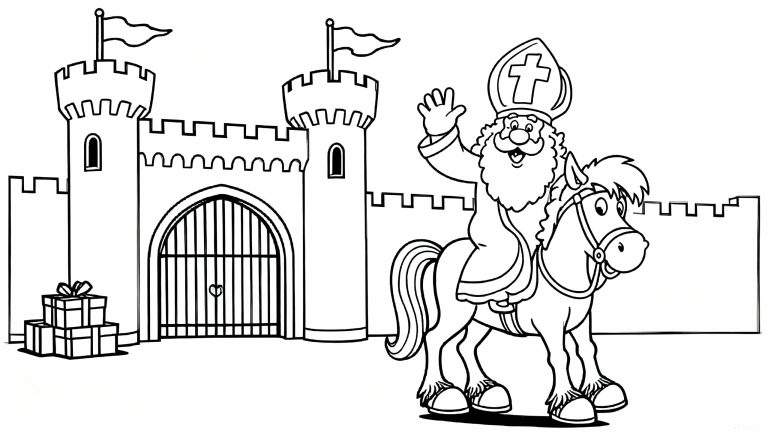 Zwart-wit kleurplaat van Sinterklaas op een paard, zwaaiend, met een mijter en lange baard. Op de achtergrond een kasteel met torens en vlaggen, en stapel cadeaus links van de poort.