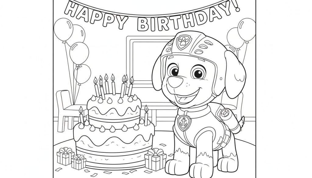 Kleurplaat van lachende Marshall van Paw Patrol in brandweeruniform bij een verjaardagstaart met elf kaarsjes, cadeautjes en ballonnen.