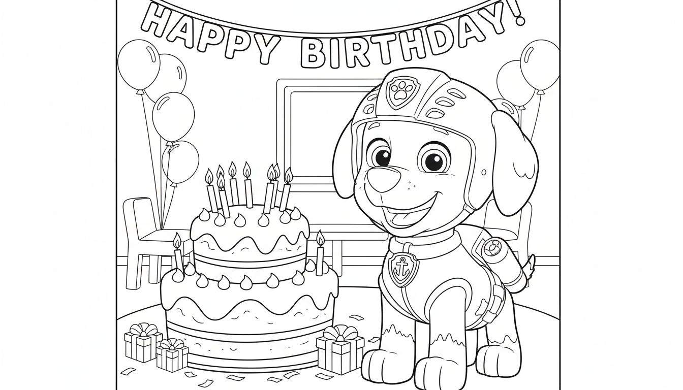 Kleurplaat van lachende Marshall van Paw Patrol in brandweeruniform bij een verjaardagstaart met elf kaarsjes, cadeautjes en ballonnen.