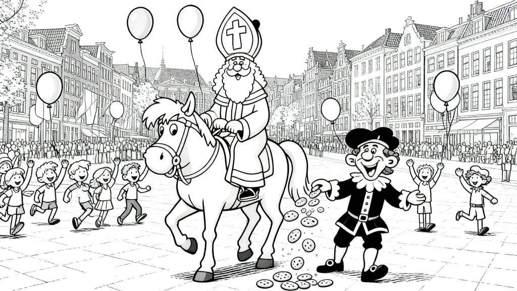 Kleurplaat van de Sinterklaas intocht: Sinterklaas op zijn schimmel met Zwarte Piet die pepernoten strooit, omringd door vrolijke kinderen en een menigte langs traditionele Nederlandse grachtenpanden onder ballonnen.
