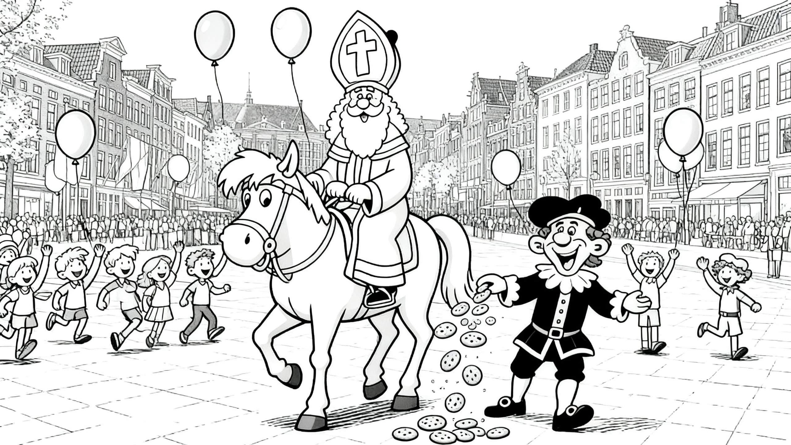Kleurplaat van de Sinterklaas intocht: Sinterklaas op zijn schimmel met Zwarte Piet die pepernoten strooit, omringd door vrolijke kinderen en een menigte langs traditionele Nederlandse grachtenpanden onder ballonnen.