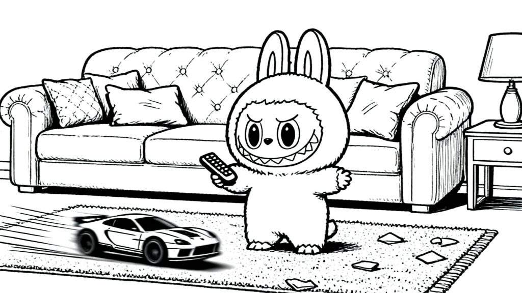 Kleurplaat van Labubu, een konijn-achtig figuur met boze blik en scherpe tanden, zittend op een vloerkleed. Hij houdt een afstandsbediening vast en bestuurt een sportauto die snel beweegt over hetzelfde vloerkleed. Op de achtergrond staat een klassieke bank en bijzettafel met lamp.