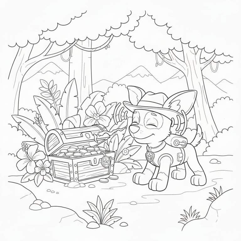 Zwart-wit kleurplaat van Tracker de hond (Paw Patrol) met een schatkist vol munten in een jungle-omgeving.