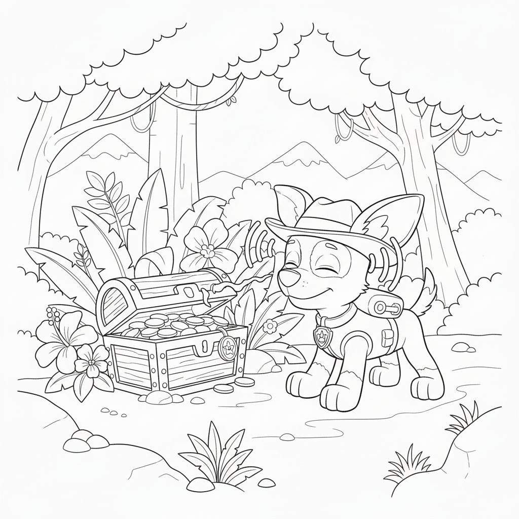 Zwart-wit kleurplaat van Tracker de hond (Paw Patrol) met een schatkist vol munten in een jungle-omgeving.