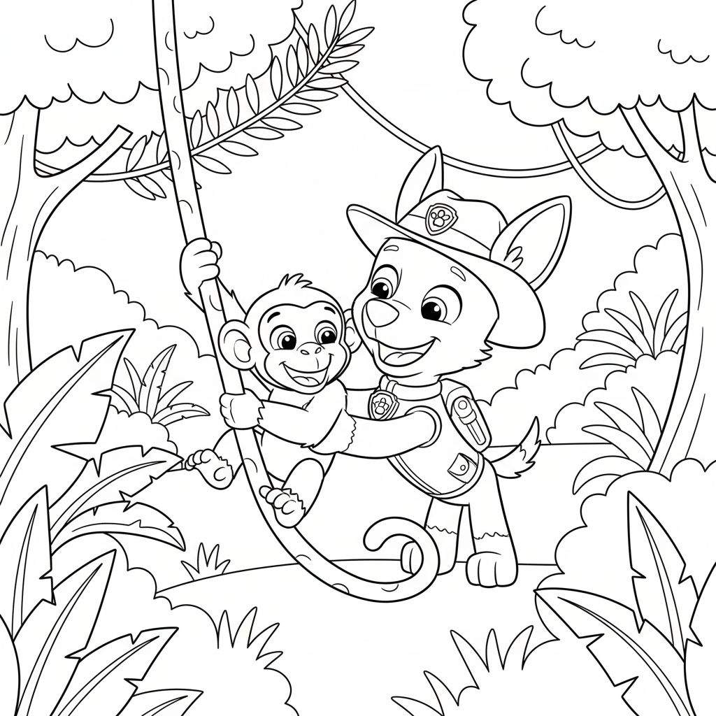 Kleurplaat van Paw Patrol's Tracker in safari-uniform met vrolijke glimlach, die een lachend aapje omarmt dat aan een liaan hangt. Achtergrond toont een weelderige jungle met bladeren en boomstammen.