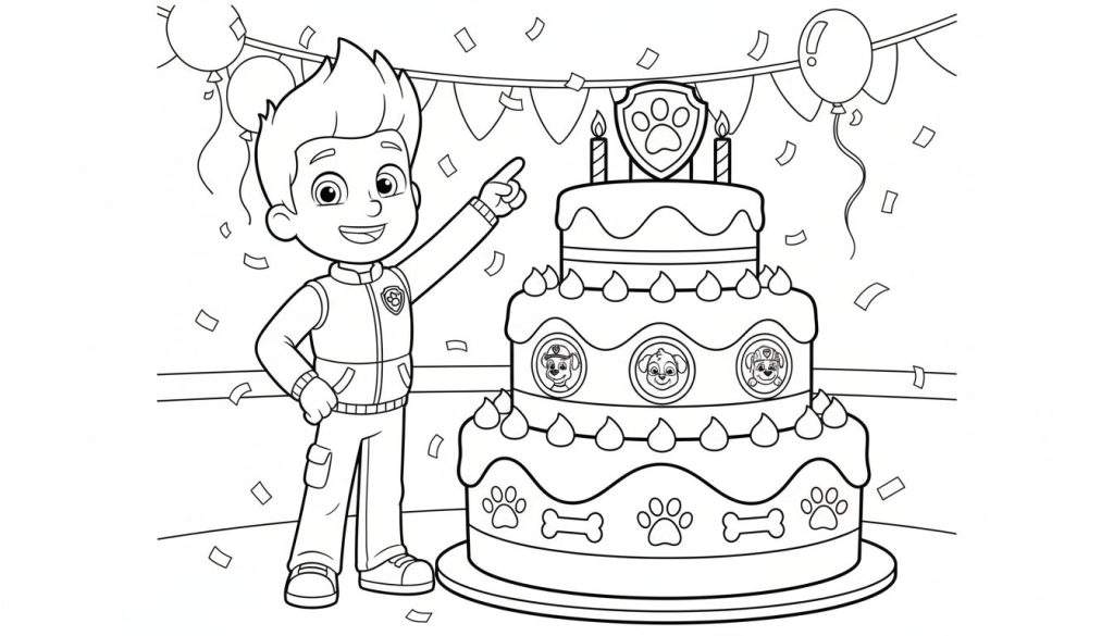 Kleurplaat van Ryder van Paw Patrol op een verjaardagsfeestje met een grote drielaagse taart, Paw Patrol pups, ballonnen en confetti.