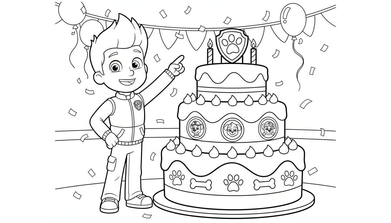 Kleurplaat van Ryder van Paw Patrol op een verjaardagsfeestje met een grote drielaagse taart, Paw Patrol pups, ballonnen en confetti.