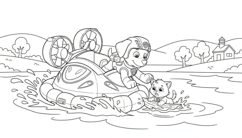 Kleurplaat van Zuma van Paw Patrol in een hovercraft die een geschrokken katje op een boomstam uit het water redt, met een heuvellandschap en een huisje met torentje (vuurtoren) op de achtergrond.
