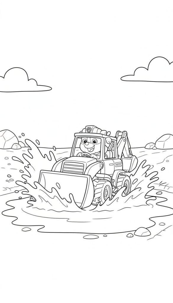 Zwart-wit kleurplaat van Rubble uit Paw Patrol, lachend in zijn bouwvoertuig dat door opspattend water rijdt, met stenen aan de zijkant en twee wolken in de lucht.