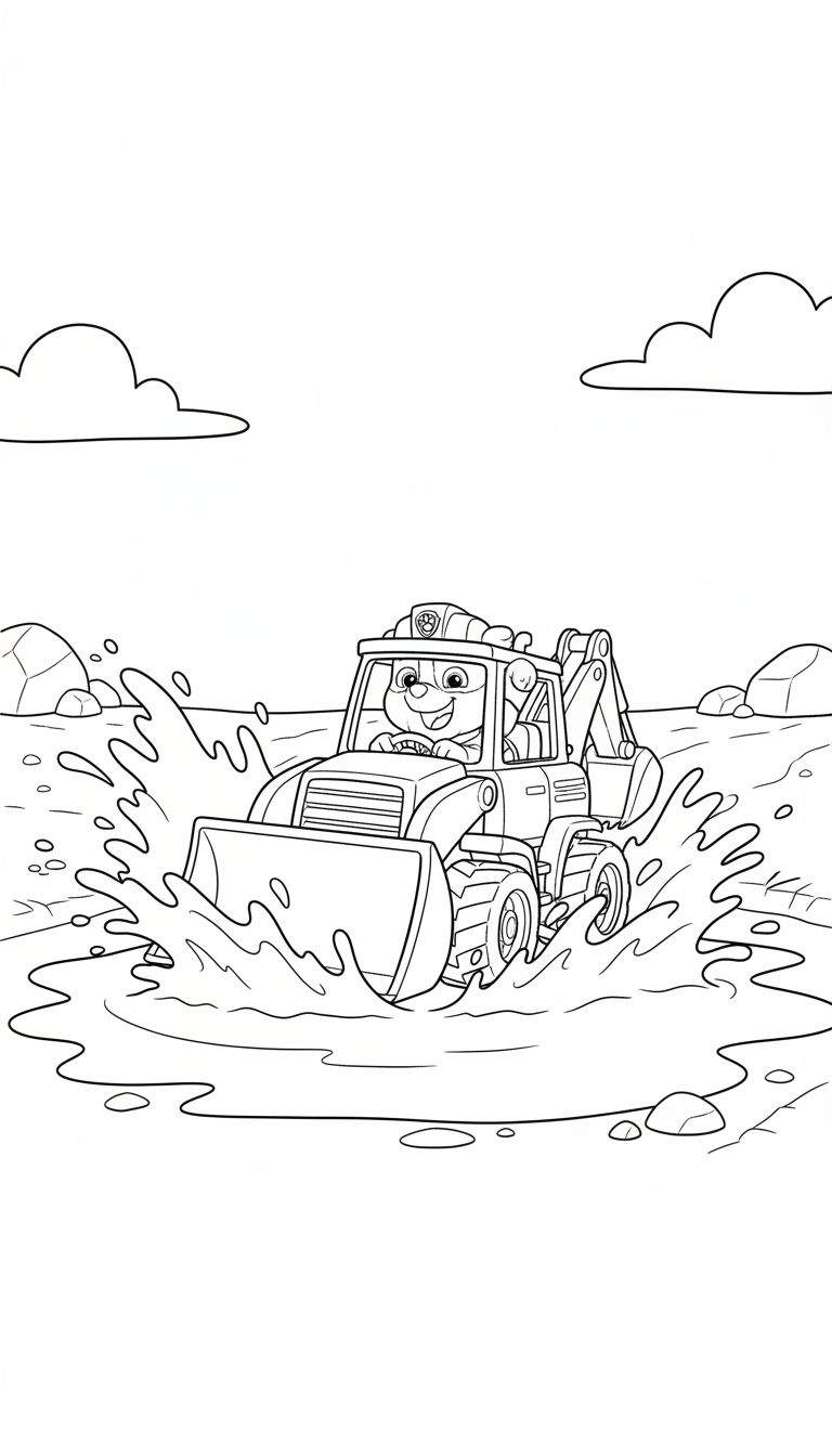 Zwart-wit kleurplaat van Rubble uit Paw Patrol, lachend in zijn bouwvoertuig dat door opspattend water rijdt, met stenen aan de zijkant en twee wolken in de lucht.