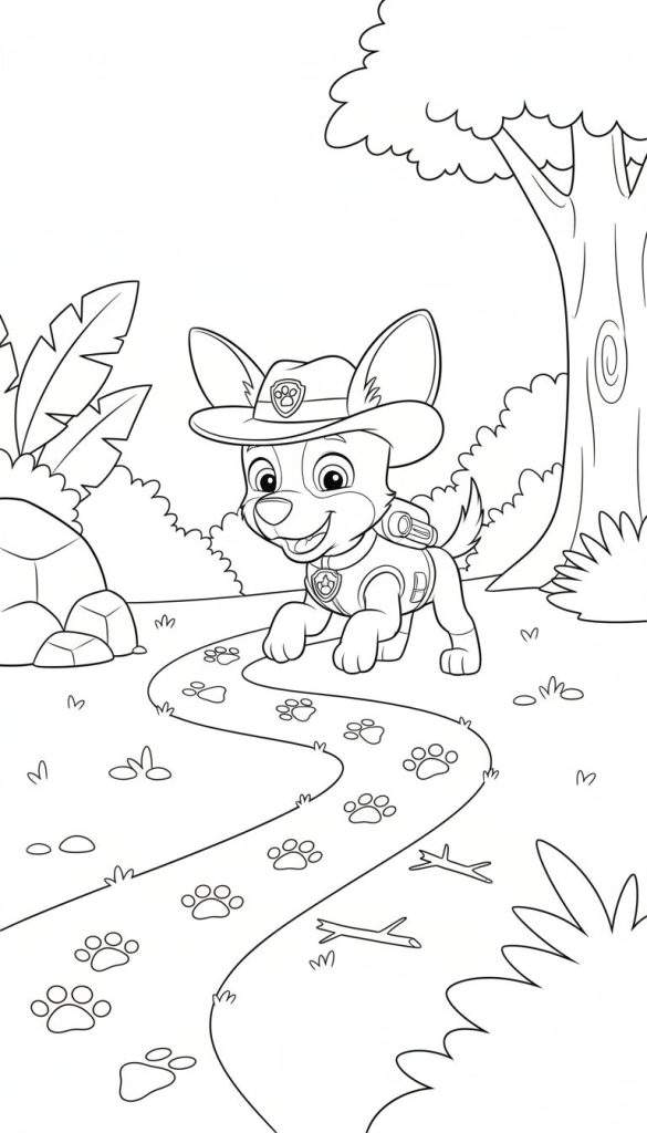 Kleurplaat van Paw Patrol karakter Tracker, een lachend hondje, dat op een pad met pootafdrukken in een jungle-achtige omgeving loopt, omringd door grote planten, rotsen en een boom.