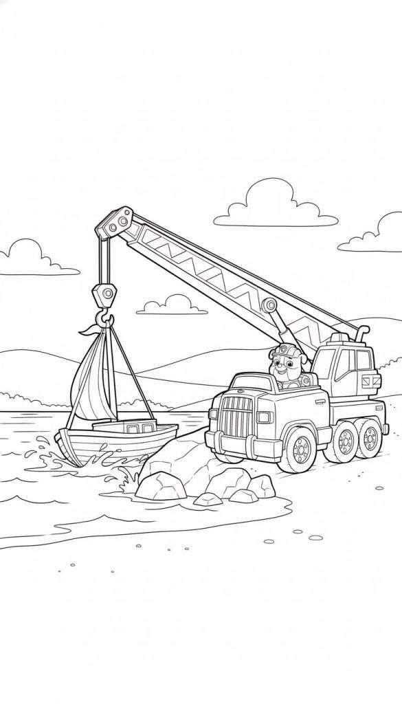 Zwart-wit lijntekening van Rubble van Paw Patrol in een kraanwagen die een zeilboot uit het water tilt. Er spettert water rond de boot. De kraanwagen staat op een oever met rotsen. Op de achtergrond zijn heuvels en wolken te zien.