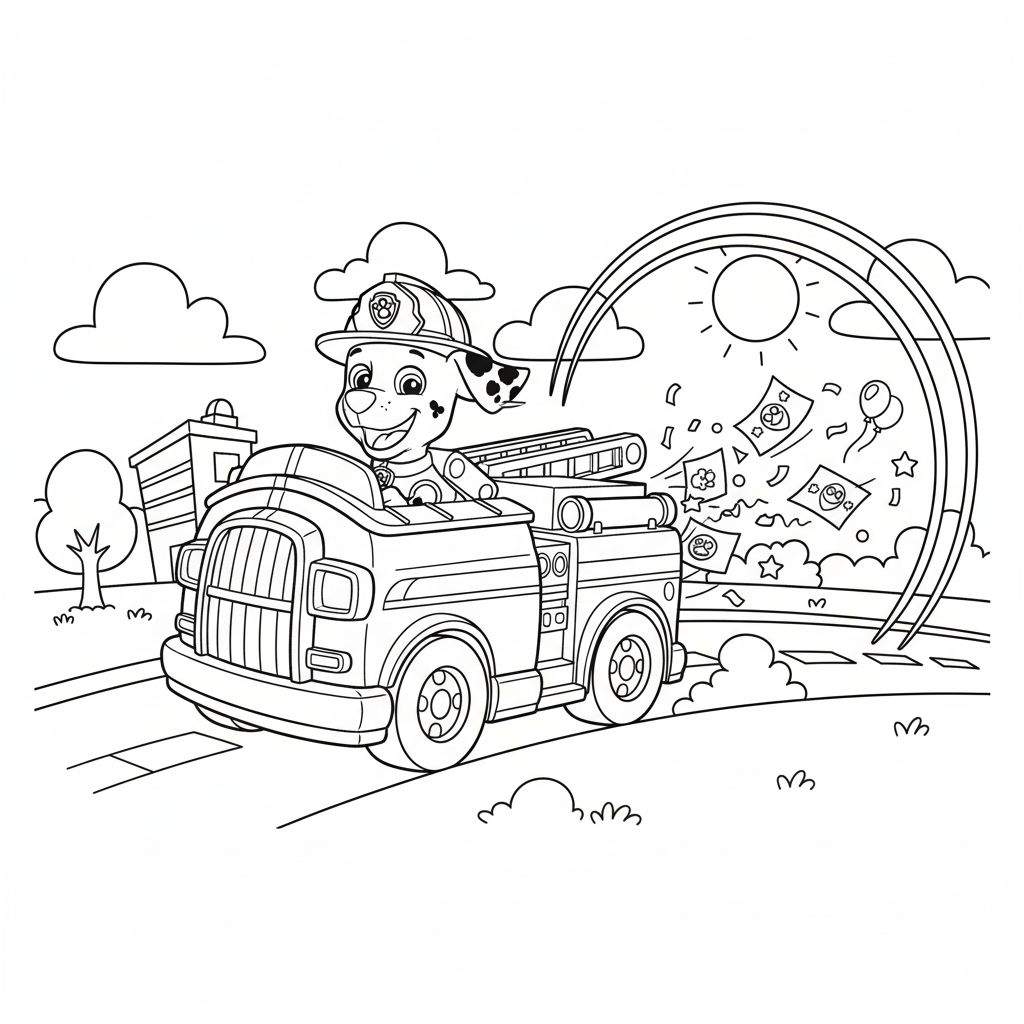 Kleurplaat van Marshall van Paw Patrol, een vrolijke brandweerhond met stippen en helm, rijdend in zijn brandweerwagen. Op de achtergrond een gebouw, boom, wolken en een boog waaruit sterren en ballonnen vallen.