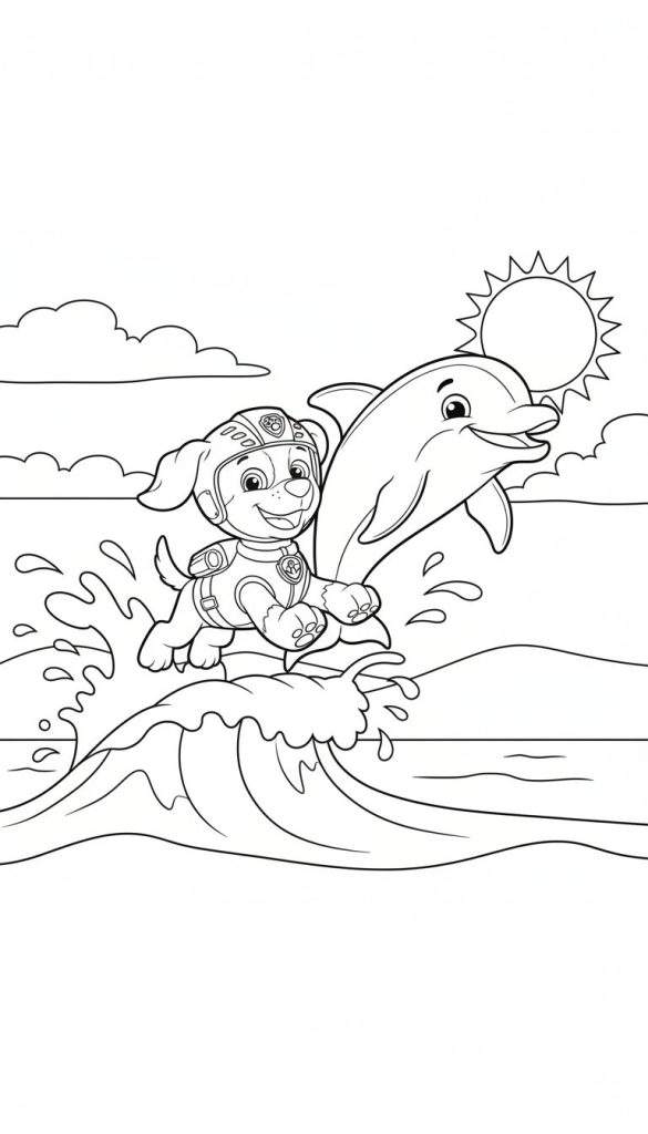 Kleurplaat van Zuma van Paw Patrol met helm en reddingsvest, springend uit een golf samen met een lachende dolfijn. Zonnige dag op zee met wolken en zon.