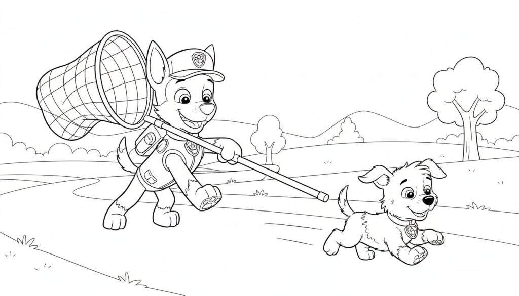 Kleurplaat van Paw Patrol's Chase, lachend rennend met een vangnet, en een blije puppy op een open veld met heuvels en bomen op de achtergrond.
