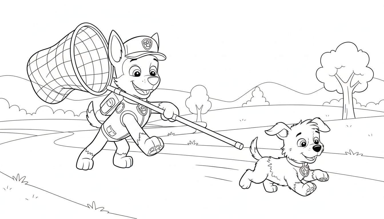Kleurplaat van Paw Patrol's Chase, lachend rennend met een vangnet, en een blije puppy op een open veld met heuvels en bomen op de achtergrond.