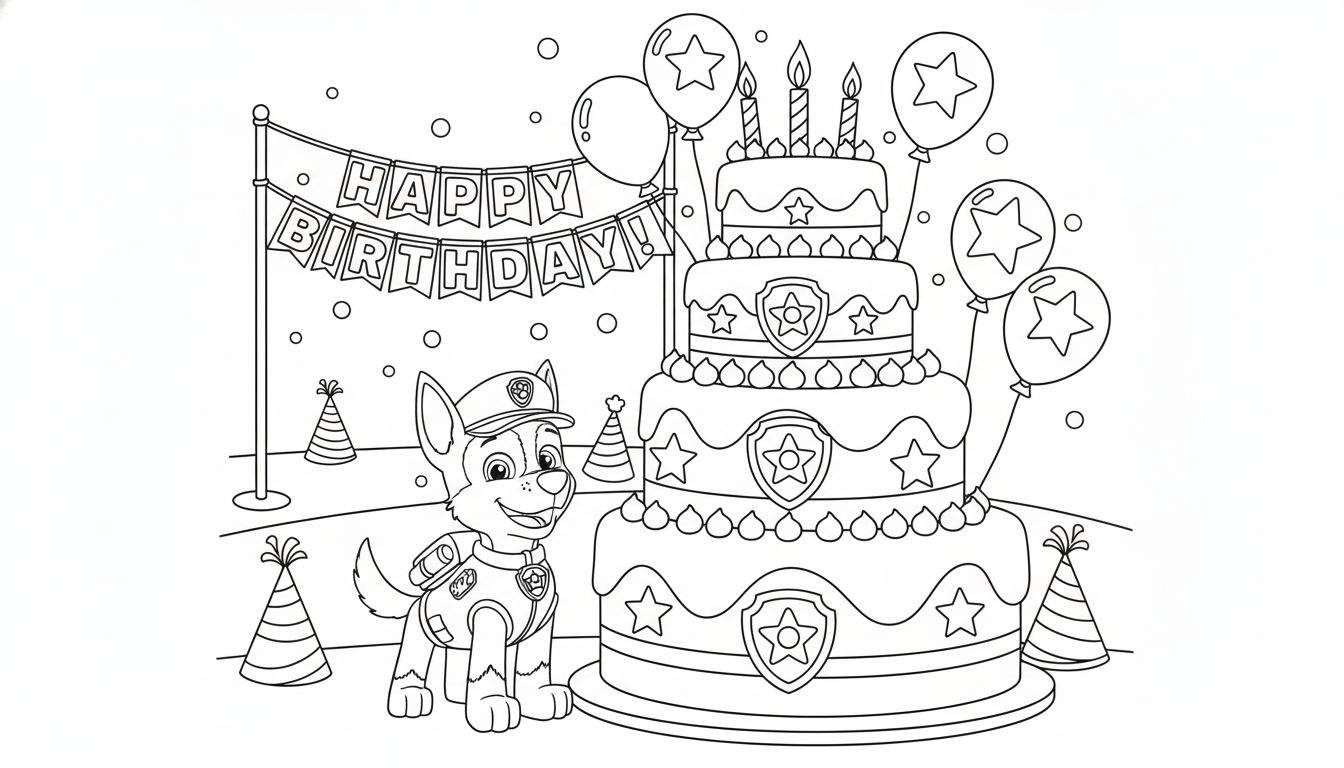 Kleurplaat van Chase van Paw Patrol op zijn verjaardagsfeestje met een hoge taart, vier brandende kaarsjes, ballonnen en een 'HAPPY BIRTHDAY!' slinger.