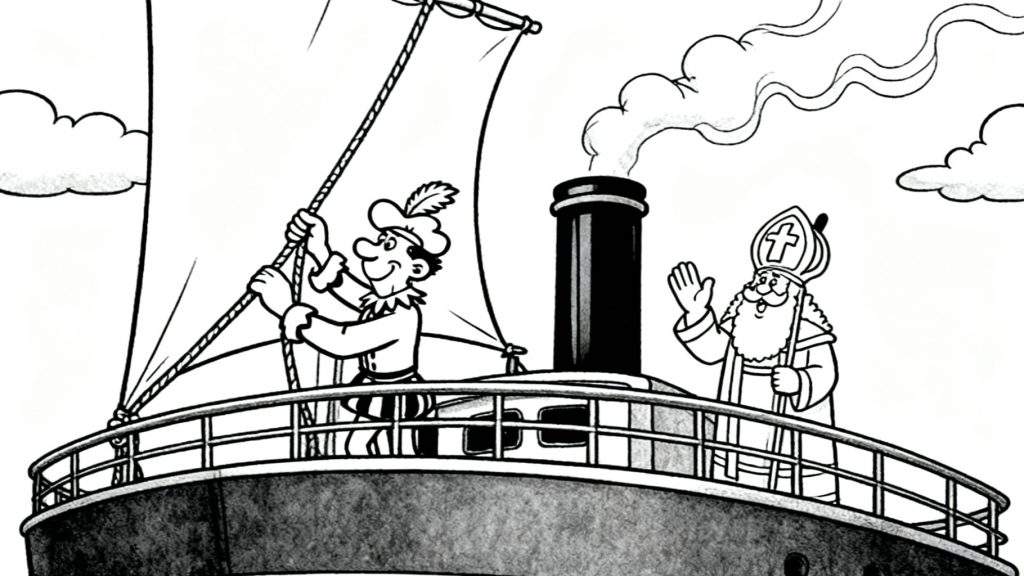 Zwart-wit kleurplaat van Sinterklaas en Piet op een stoomboot. Sinterklaas zwaait lachend, Piet trekt aan een touw en rook komt uit de grote schoorsteen.