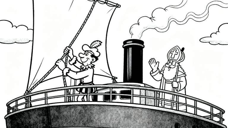 Zwart-wit kleurplaat van Sinterklaas en Piet op een stoomboot. Sinterklaas zwaait lachend, Piet trekt aan een touw en rook komt uit de grote schoorsteen.