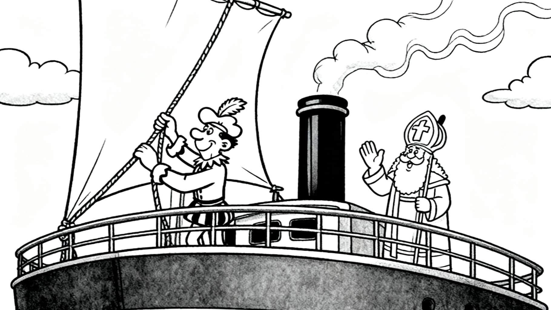 Zwart-wit kleurplaat van Sinterklaas en Piet op een stoomboot. Sinterklaas zwaait lachend, Piet trekt aan een touw en rook komt uit de grote schoorsteen.