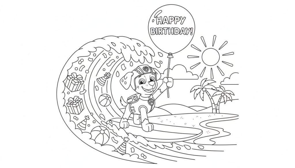 Kleurplaat van Rubble van Paw Patrol, lachend surfend op een feestelijke golf vol cadeaus en confetti, terwijl hij een 'HAPPY BIRTHDAY!' ballon vasthoudt. Op de achtergrond een tropisch strand met palmbomen, zon en heuvels.