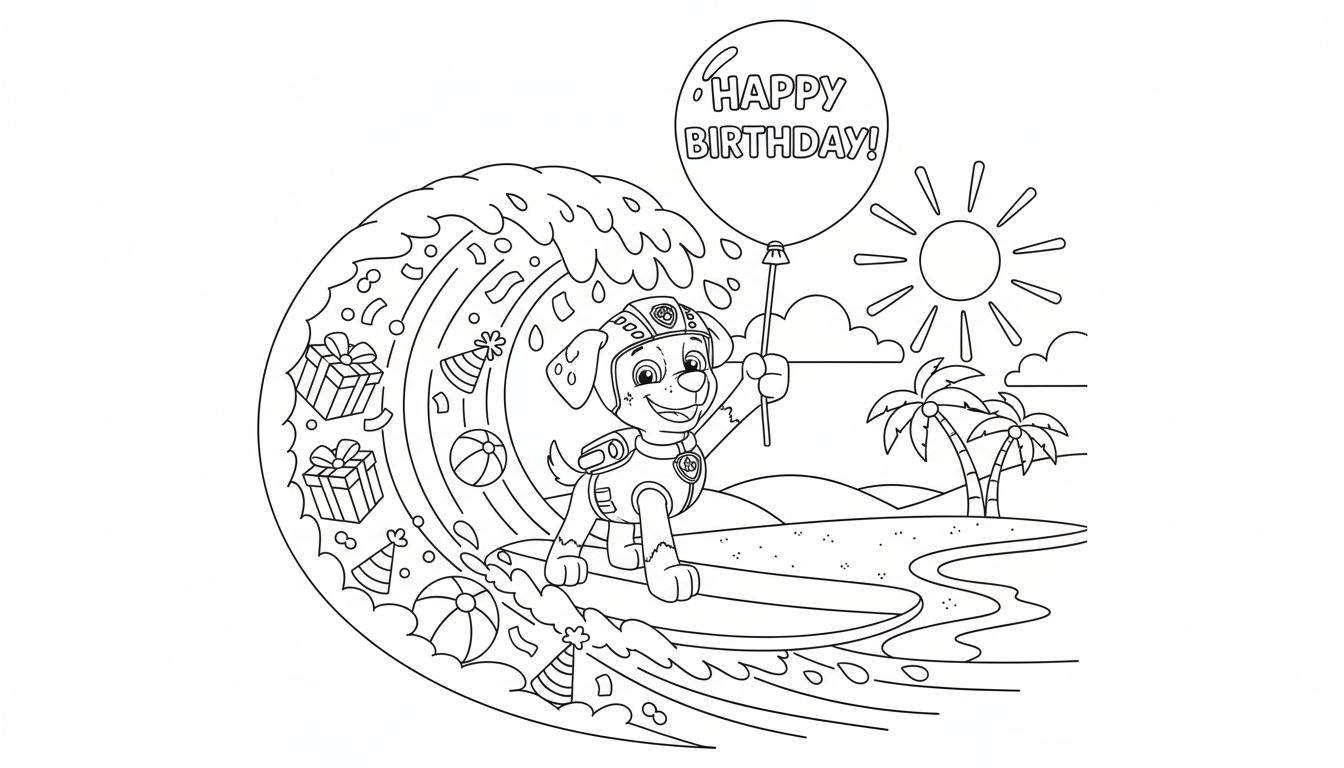 Kleurplaat van Rubble van Paw Patrol, lachend surfend op een feestelijke golf vol cadeaus en confetti, terwijl hij een 'HAPPY BIRTHDAY!' ballon vasthoudt. Op de achtergrond een tropisch strand met palmbomen, zon en heuvels.
