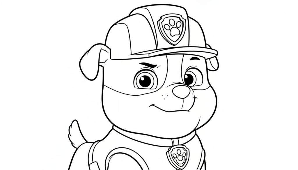 Zwart-wit kleurplaat van Rubble van Paw Patrol met bouwhelm en glimlach.