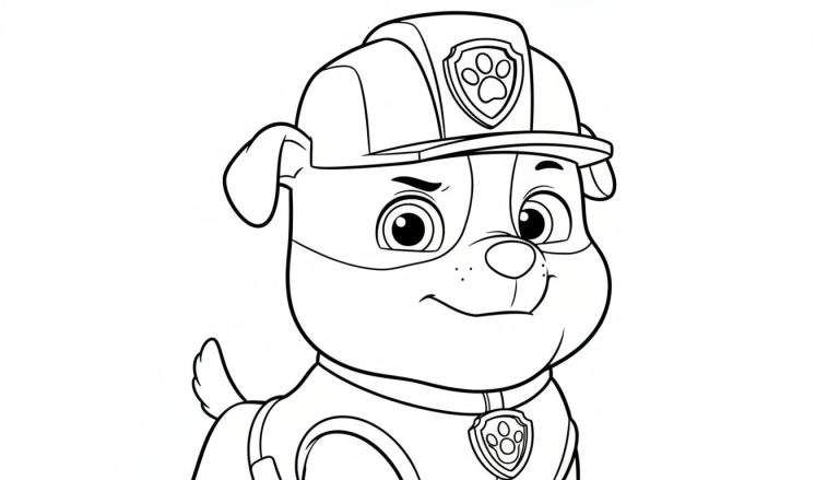Zwart-wit kleurplaat van Rubble van Paw Patrol met bouwhelm en glimlach.