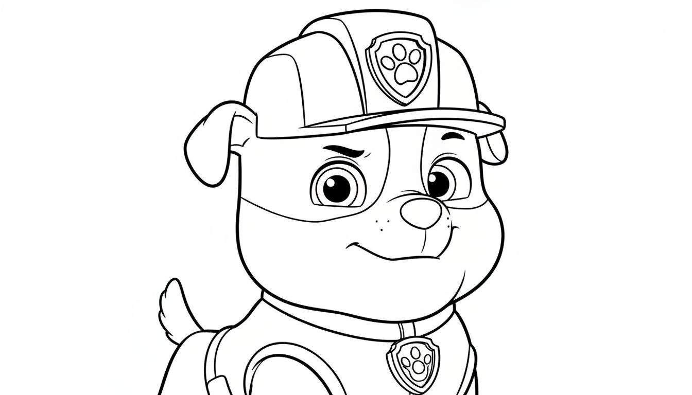 Zwart-wit kleurplaat van Rubble van Paw Patrol met bouwhelm en glimlach.